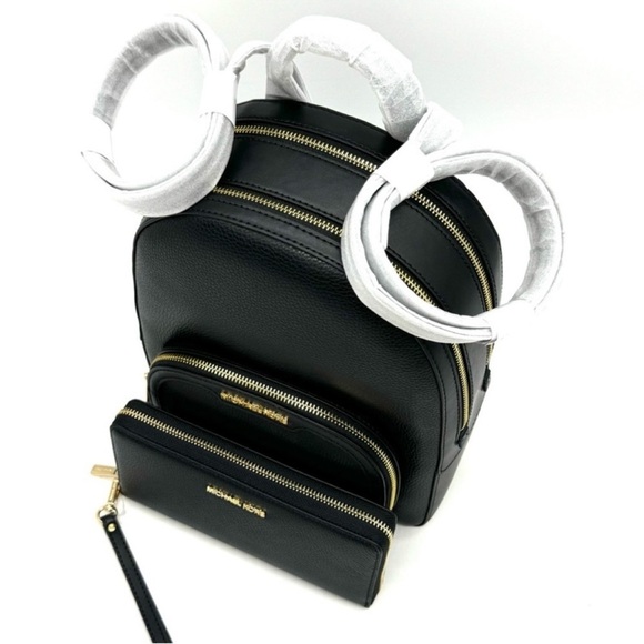 Michael Kors Medium Jaycee Backpack & Large Continental Wallet Black/Gold - Picture 11 of 14